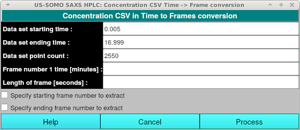 Image of HPLC-SAXS: Concentration CSV Time -> Frame conversion window