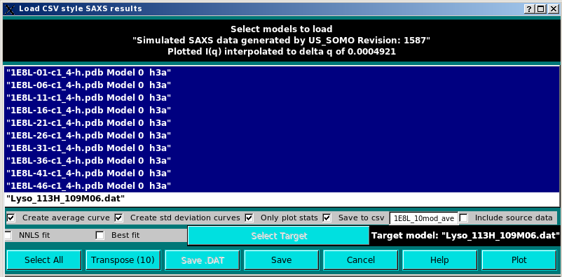 SOMO SAXS I(q) Expt. SAXS CSV file loader average selected