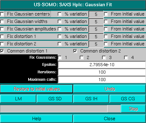 SOMO HPLC-SAXS Gaussian Fit with distorsions panel